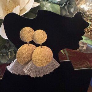 2-Gold Discs with Tassel Fan Oversized Statement Stud Earrings